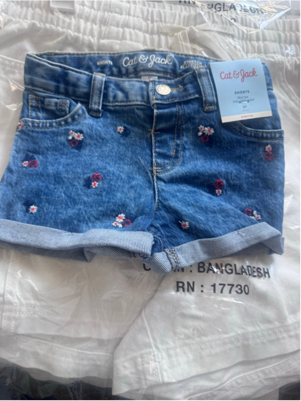 Cat & Jack Girls Denim Shorts 3T Blue Red Floral Embroidered